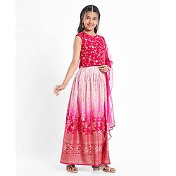 Pine Active Woven Sleeveless Lehenga Choli Set With Sequin Detailing & Floral Embriodery - Pink