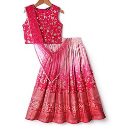 Pine Active Woven Sleeveless Lehenga Choli Set With Sequin Detailing & Floral Embriodery - Pink