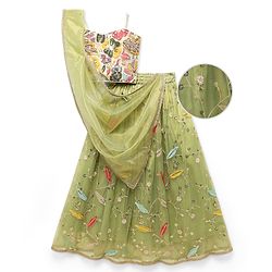 Pine Kids Woven Sleeveless Floral Embroidery Choli Lehenga Set with Dupatta & Sequin Detailing - Light Green