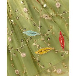 Pine Kids Woven Sleeveless Floral Embroidery Choli Lehenga Set with Dupatta & Sequin Detailing - Light Green