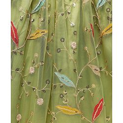 Pine Kids Woven Sleeveless Floral Embroidery Choli Lehenga Set with Dupatta & Sequin Detailing - Light Green