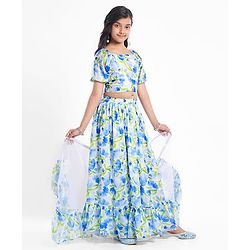 Pine Kids Woven Puffed Sleeves Choli  Lehenga Set & Dupatta with Frill Detailing & Floral Print - White & Blue