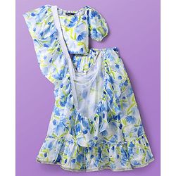 Pine Kids Woven Puffed Sleeves Choli  Lehenga Set & Dupatta with Frill Detailing & Floral Print - White & Blue