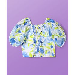 Pine Kids Woven Puffed Sleeves Choli  Lehenga Set & Dupatta with Frill Detailing & Floral Print - White & Blue