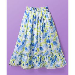 Pine Kids Woven Puffed Sleeves Choli  Lehenga Set & Dupatta with Frill Detailing & Floral Print - White & Blue