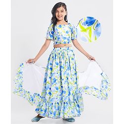 Pine Kids Woven Puffed Sleeves Choli  Lehenga Set & Dupatta with Frill Detailing & Floral Print - White & Blue