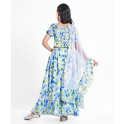 Pine Kids Woven Puffed Sleeves Choli  Lehenga Set & Dupatta with Frill Detailing & Floral Print - White & Blue