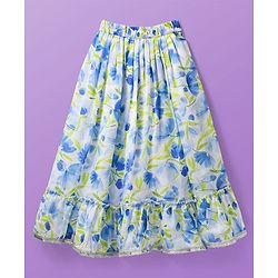 Pine Kids Woven Puffed Sleeves Choli  Lehenga Set & Dupatta with Frill Detailing & Floral Print - White & Blue