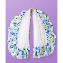 Pine Kids Woven Puffed Sleeves Choli  Lehenga Set & Dupatta with Frill Detailing & Floral Print - White & Blue