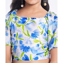 Pine Kids Woven Puffed Sleeves Choli  Lehenga Set & Dupatta with Frill Detailing & Floral Print - White & Blue