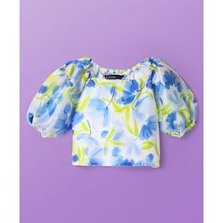 Pine Kids Woven Puffed Sleeves Choli  Lehenga Set & Dupatta with Frill Detailing & Floral Print - White & Blue