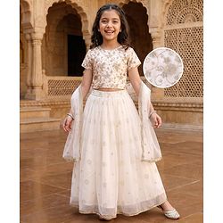 Pine Kids Woven Half Sleeves Floral Sequin Embroidered Choli Lehenga Set with Dupatta - White