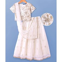 Pine Kids Woven Half Sleeves Floral Sequin Embroidered Choli Lehenga Set with Dupatta - White