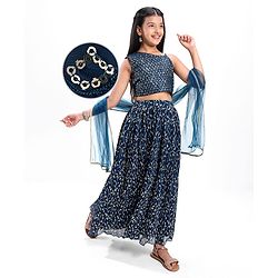 Pine Kids Woven Singlet Sleeves Choli Lehenga Set with Dupatta & Floral Sequin Detailing - Navy Blue