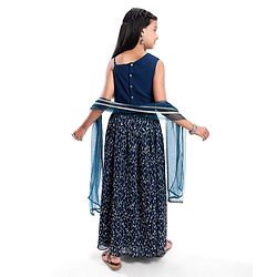 Pine Kids Woven Singlet Sleeves Choli Lehenga Set with Dupatta & Floral Sequin Detailing - Navy Blue