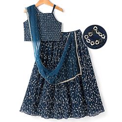 Pine Kids Woven Singlet Sleeves Choli Lehenga Set with Dupatta & Floral Sequin Detailing - Navy Blue