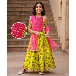 Pine Kids Woven Sleeveless Choli  Lehenga Set & Dupatta with Sequin Design & Floral Print -Limegreen