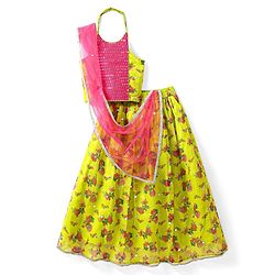 Pine Kids Woven Sleeveless Choli  Lehenga Set & Dupatta with Sequin Design & Floral Print -Limegreen