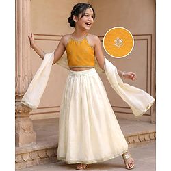 Pine Kids Woven Sleeveless Embroidered Lehenga Choli & Dupatta Set with Sequin & Lace Detailing - Off White & Mustard
