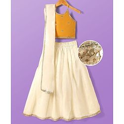 Pine Kids Woven Sleeveless Embroidered Lehenga Choli & Dupatta Set with Sequin & Lace Detailing - Off White & Mustard