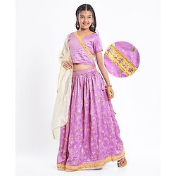 Pine Kids Woven Half Sleeves Floral Sequin Embroidered Choli Lehenga Set with Dupatta - Purple