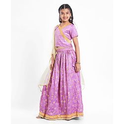 Pine Kids Woven Half Sleeves Floral Sequin Embroidered Choli Lehenga Set with Dupatta - Purple