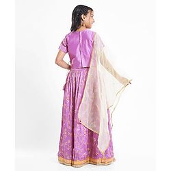 Pine Kids Woven Half Sleeves Floral Sequin Embroidered Choli Lehenga Set with Dupatta - Purple