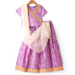 Pine Kids Woven Half Sleeves Floral Sequin Embroidered Choli Lehenga Set with Dupatta - Purple