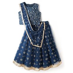 Pine Kids Woven Sleeveless Floral Embroidered Choli Lehenga Set with Dupatta Glitter Print & Lace Detailing - Navy Blue