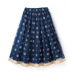Pine Kids Woven Sleeveless Floral Embroidered Choli Lehenga Set with Dupatta Glitter Print & Lace Detailing - Navy Blue