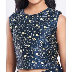 Pine Kids Woven Sleeveless Floral Embroidered Choli Lehenga Set with Dupatta Glitter Print & Lace Detailing - Navy Blue