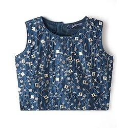 Pine Kids Woven Sleeveless Floral Embroidered Choli Lehenga Set with Dupatta Glitter Print & Lace Detailing - Navy Blue
