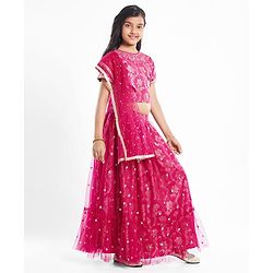 Pine Kids Woven Half Sleeves Lehenga Choli Set with Dupatta & Floral Design Embroidery & Lace Detailing -Dark Pink