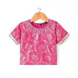 Pine Kids Woven Half Sleeves Lehenga Choli Set with Dupatta & Floral Design Embroidery & Lace Detailing -Dark Pink