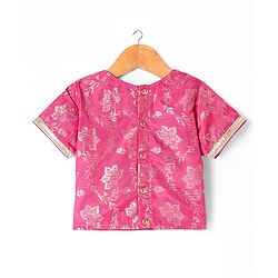 Pine Kids Woven Half Sleeves Lehenga Choli Set with Dupatta & Floral Design Embroidery & Lace Detailing -Dark Pink