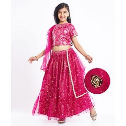 Pine Kids Woven Half Sleeves Lehenga Choli Set with Dupatta & Floral Design Embroidery & Lace Detailing -Dark Pink