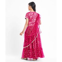 Pine Kids Woven Half Sleeves Lehenga Choli Set with Dupatta & Floral Design Embroidery & Lace Detailing -Dark Pink