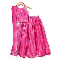Pine Kids Woven Sleeveless Tie Dye  Choli  Lehenga  Set & Dupatta with Sequin Floral Design - Dark Pink