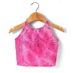 Pine Kids Woven Sleeveless Tie Dye  Choli  Lehenga  Set & Dupatta with Sequin Floral Design - Dark Pink