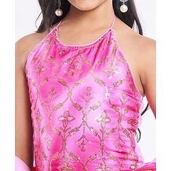 Pine Kids Woven Sleeveless Tie Dye  Choli  Lehenga  Set & Dupatta with Sequin Floral Design - Dark Pink