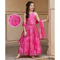 Pine Kids Woven Sleeveless Tie Dye  Choli  Lehenga  Set & Dupatta with Sequin Floral Design - Dark Pink