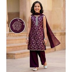 Pine Kids Woven Sleeveless Kurti Salwar Set With Foil Print & Dupatta - Wine