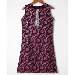 Pine Kids Woven Sleeveless Kurti Salwar Set With Foil Print & Dupatta - Wine