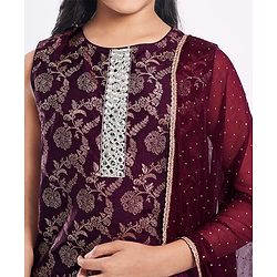 Pine Kids Woven Sleeveless Kurti Salwar Set With Foil Print & Dupatta - Wine