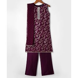 Pine Kids Woven Sleeveless Kurti Salwar Set With Foil Print & Dupatta - Wine