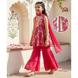 Pine Kids Woven Sleeveless Kurta Gharara Set With Floral Print & Dupatta - Dark Pink