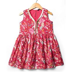 Pine Kids Woven Sleeveless Kurta Gharara Set With Floral Print & Dupatta - Dark Pink