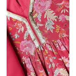 Pine Kids Woven Sleeveless Kurta Gharara Set With Floral Print & Dupatta - Dark Pink