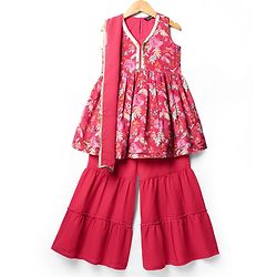 Pine Kids Woven Sleeveless Kurta Gharara Set With Floral Print & Dupatta - Dark Pink