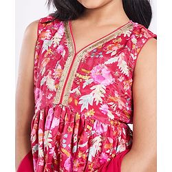 Pine Kids Woven Sleeveless Kurta Gharara Set With Floral Print & Dupatta - Dark Pink